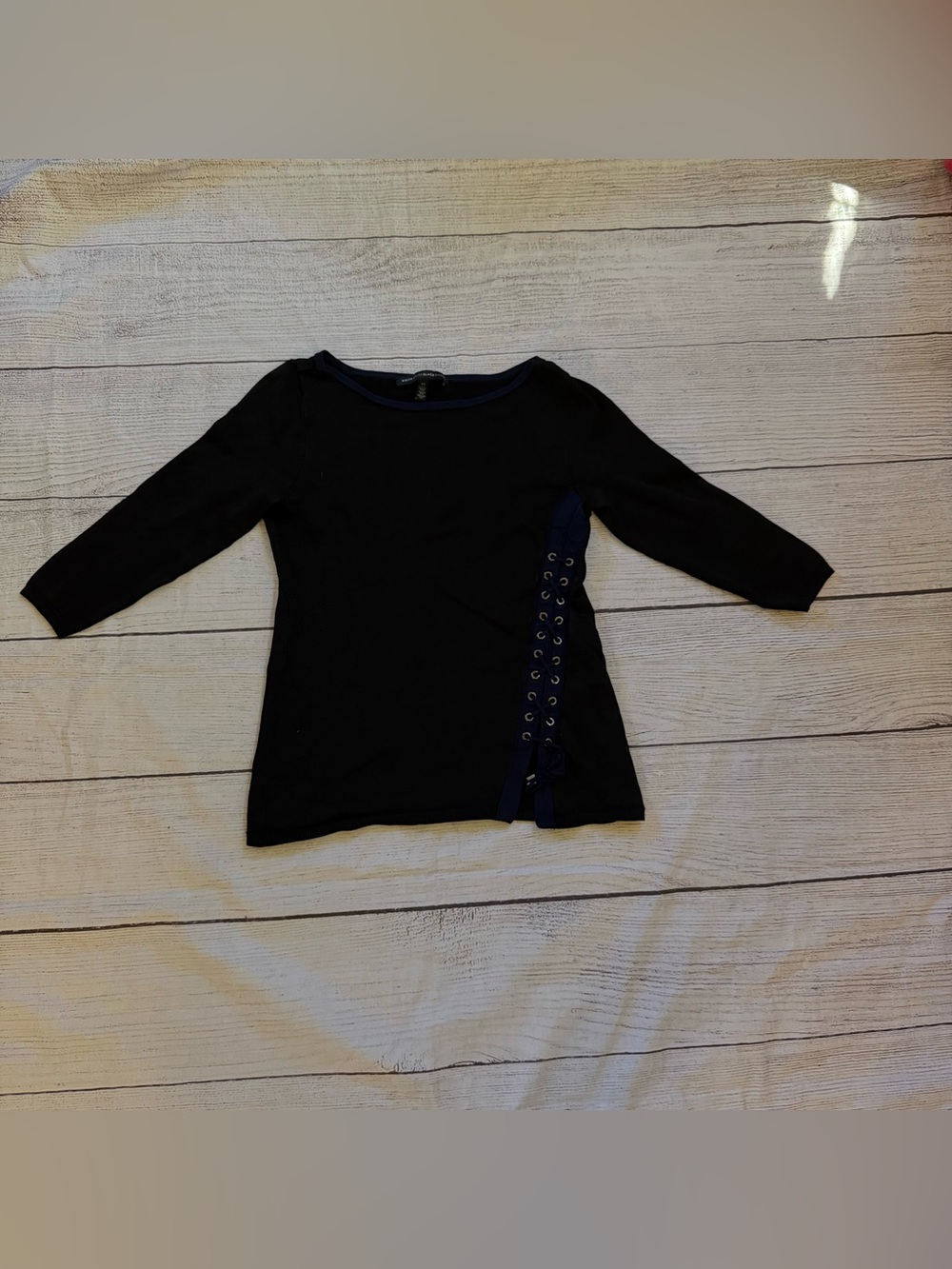White House Black Market Lace Up Side Sweater Blouse  Black Blue Size XS